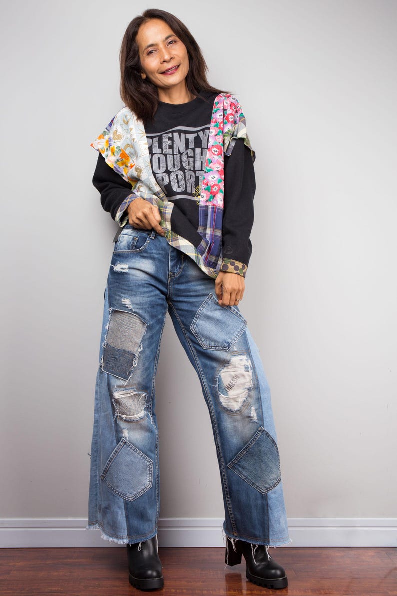 Patchwork sweater, Reworked pullover, Black sweater with plaid and floral patchwork, one of a kind reworked sweater, streetstyle pullover image 2