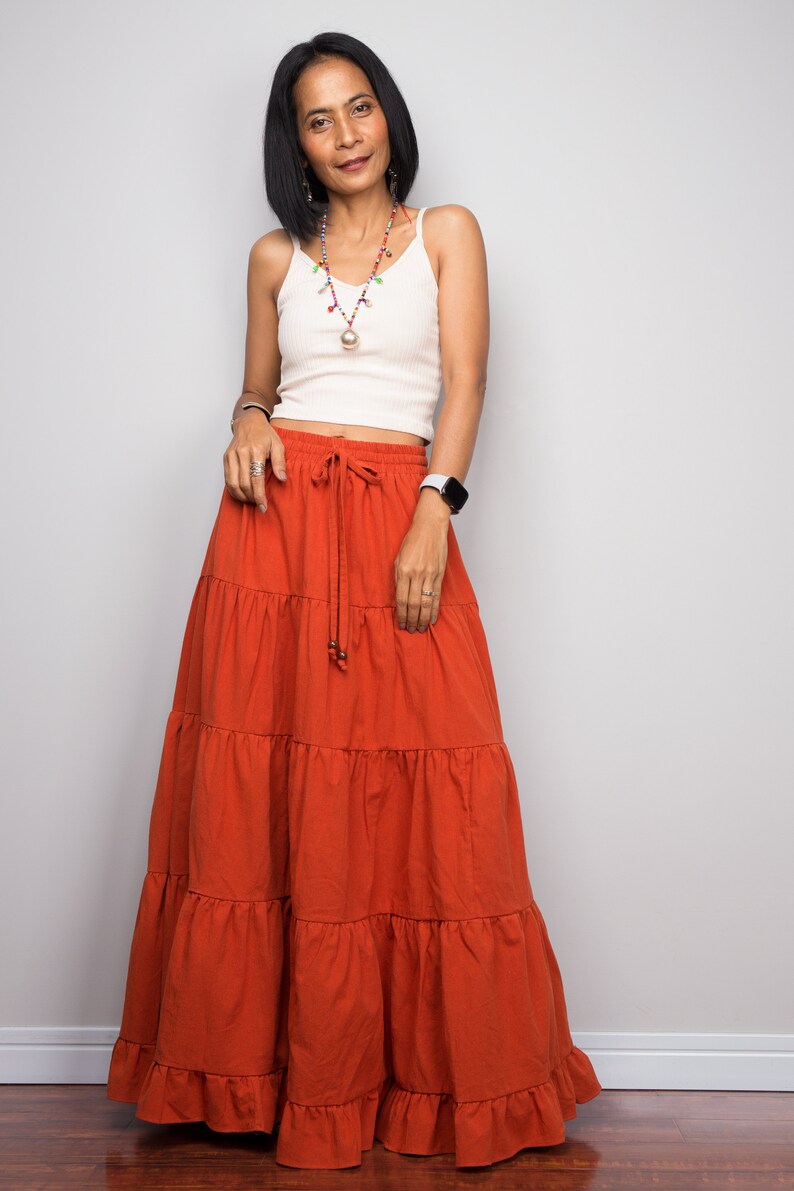 Tiered orange peasant maxi skirt Long orange skirt Mamma Etsy