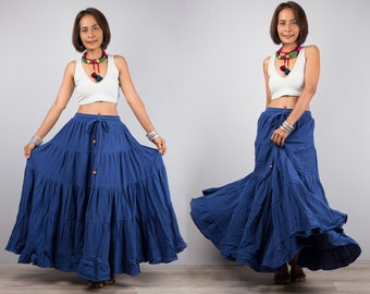 Tiered Maxi Skirt, Blue cotton skirt with pocket, Mamma mia skirt, double cotton gauze skirt, flexible waistband and drawstring skirt