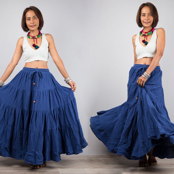 Tiered Maxi Skirt, Blue cotton skirt with pocket, Mamma mia skirt, double cotton gauze skirt, flexible waistband and drawstring skirt