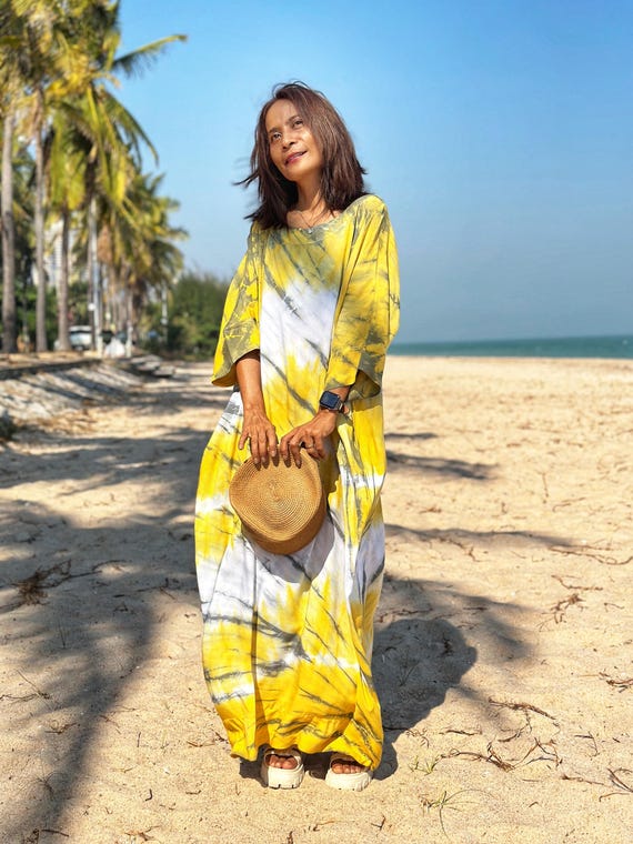 yellow tie dye maxi dress Dera Fabric Maxi Dress, Yellow Tie-Dye, Strappy Plunge Back, Viscose Beach Gown with inbuilt boob support