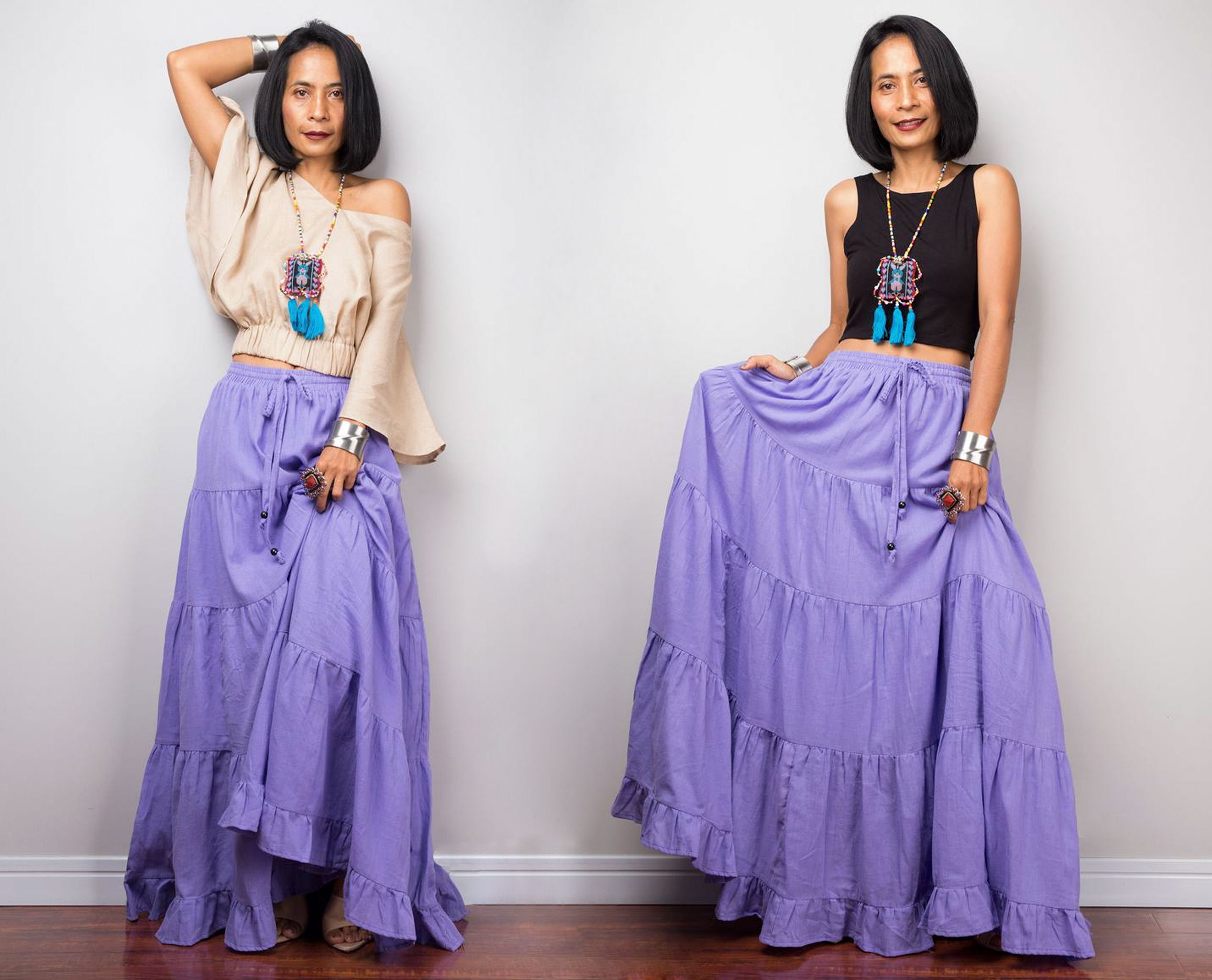 Purple Skirt Cotton Gauze Skirt Tiered 