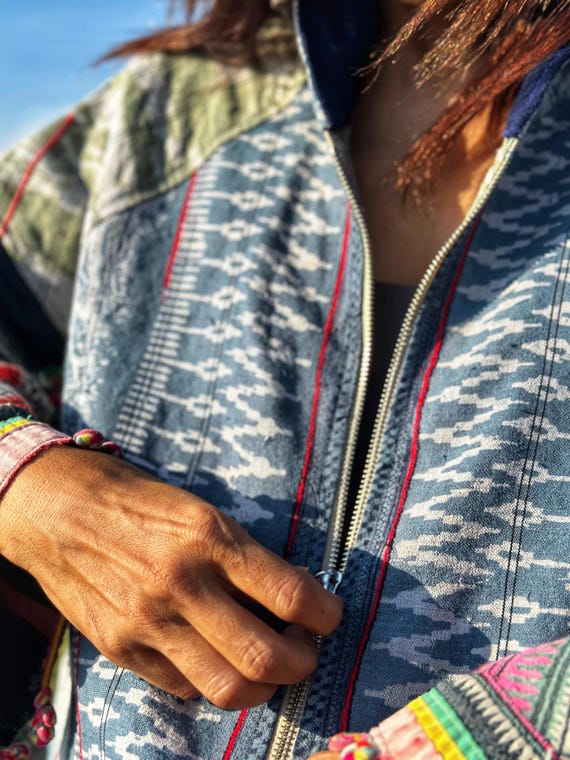 Patchwork Hooded Jacket, Batik Hemp Coat With Zip Closure