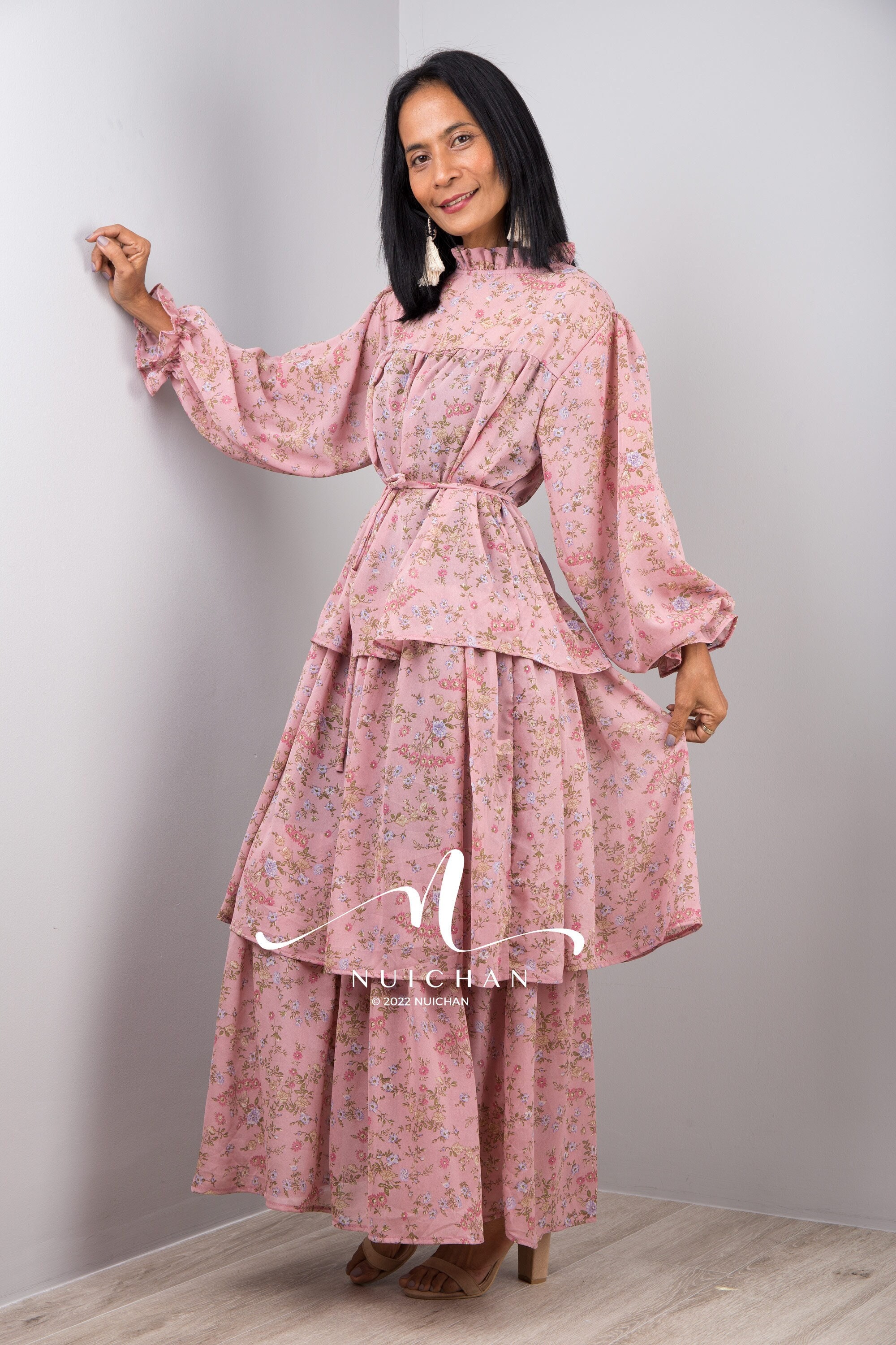 ホットセール - アートトラベルシューズ Floral Dress, Chiffon Pink Maxi With Dress Tiered Dress, Clothing
