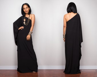 Black one shoulder dress,  Long black kaftan dress, Off shoulder evening dress, cocktail dress, black party dress, caftan maxi dress