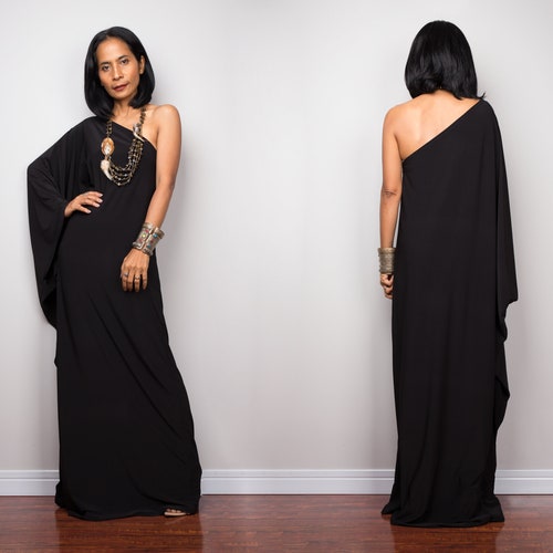 Black one shoulder dress,  Long black kaftan dress, Off shoulder evening dress, cocktail dress, black party dress, reversible dress, OSD