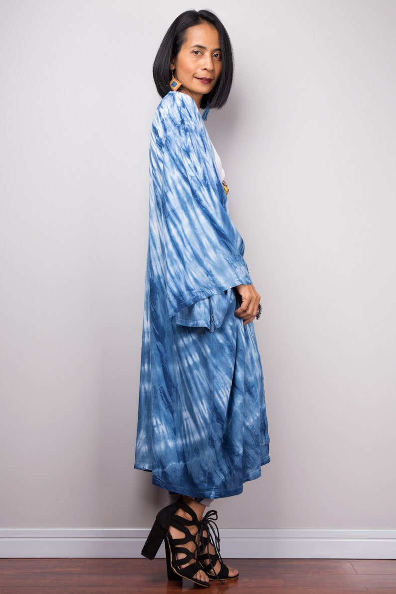 Shibori Kimono Cardigan, Tie dye duster vest, Summer Vest, Blue and white duster, Wrap Cape, Long Sleeved Cardigan, Indigo Beach cover image 6