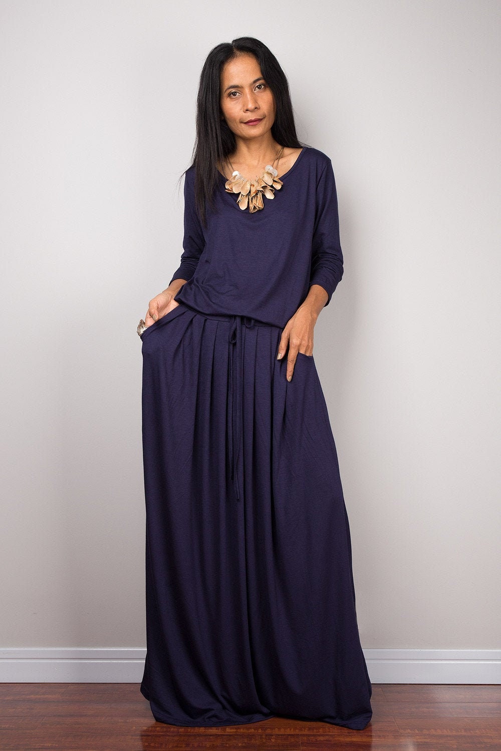 Women's Blue Maxi Dress With Pockets 