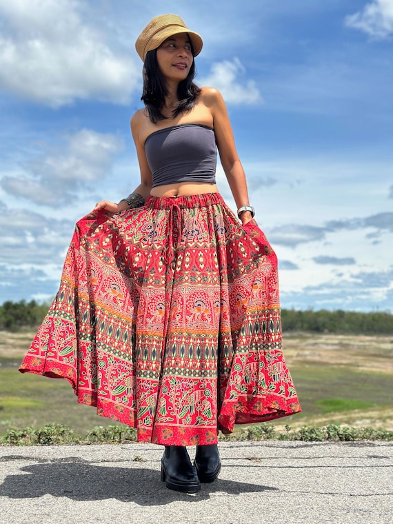 Maxi Skirt Cotton Skirt Red Red Mandala Maxi Skirt, Indian Cotton