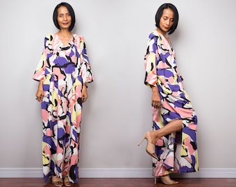 Abstract Print Polyester Kaftan Dress: V-Neck Holiday Beach Cover-Up
