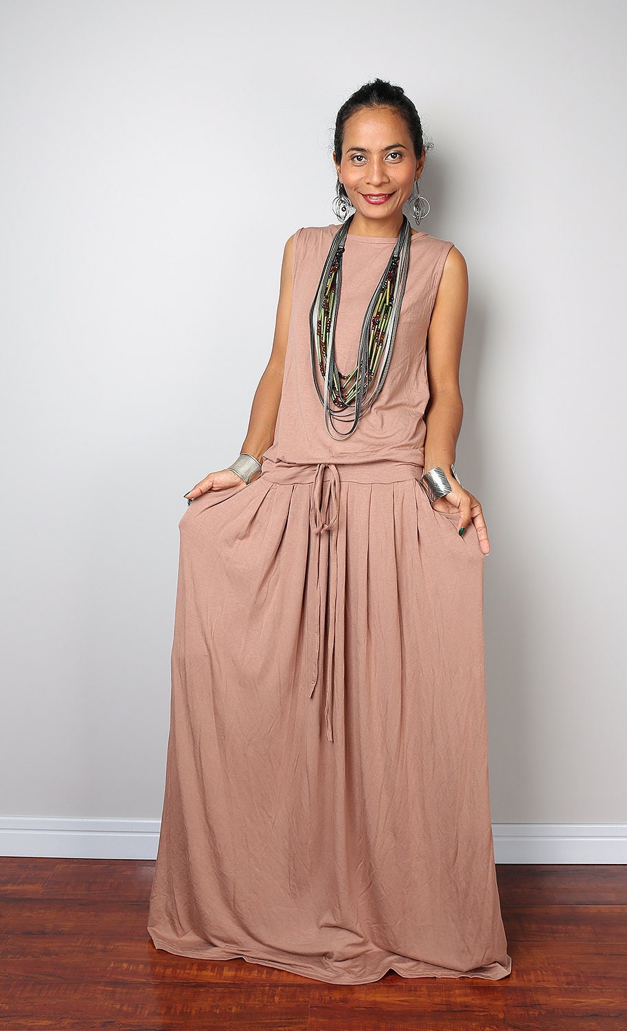 Sleeveless Light Brown Maxi Dress With 