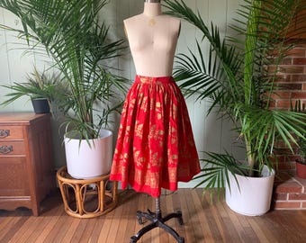 Vintage 1950s Red and Metallic Gold Stamped Fabric Full Skirt
