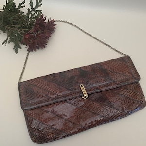 Vintage 1980s Snakeskin Clutch Bag or Shoulder Bag Original by Caprice Shades Brown, Vintage Reptile Skin Clutch, Vintage Oversized Clutch