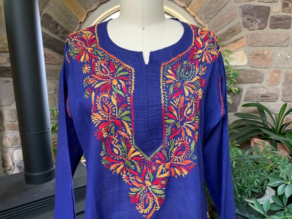 Vintage 1970s Bohemian Blue with Colorful Hand Em… - image 2