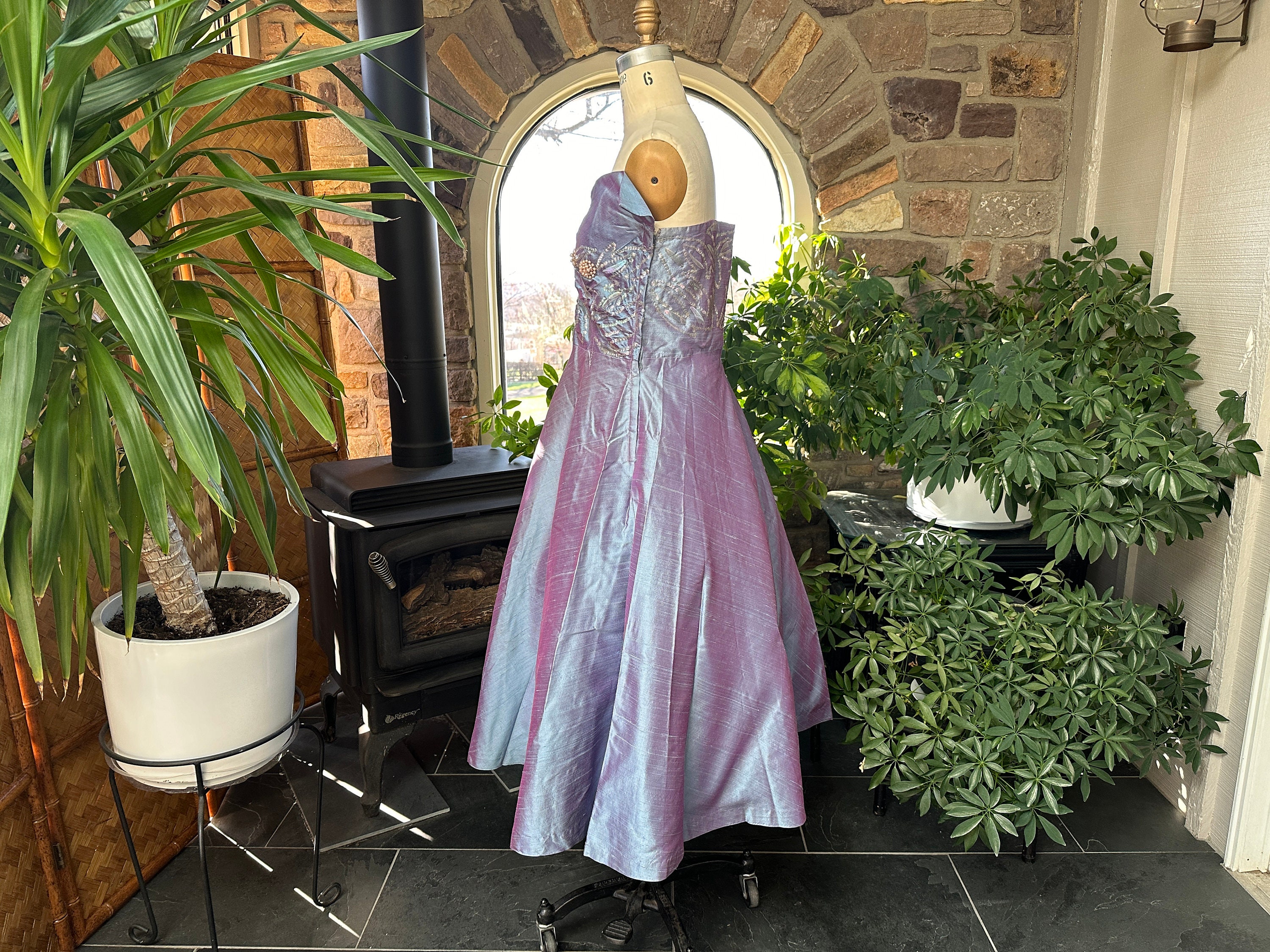 1940s sequin dress Vintage 1940s Iridescent Periwinkle Blue Purple Cold Rayon With Sequin and  Pearl Bodice Strapless Formal Dress Vintage Size 18