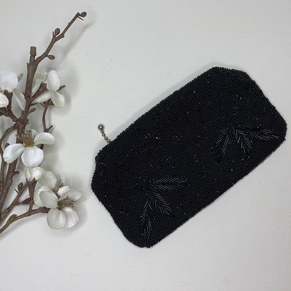 Vintage 1950s Black Bead Formal Palm Purse Glove Strap, Vintage Dance Purse Black Bead Czechoslovakia, Vintage Clutch, Vintage Wedding Purse