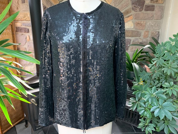 Vintage 1980s Black Silk Sequin and Bead Jacket S… - image 2