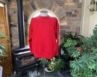 Vintage 1980s Gender Neutral Heavy Red Wool Sweater Ireland, Vintage Mens Heavy Wool Ski Sweater, Vintage Red Unisex Cable Knit Sweater