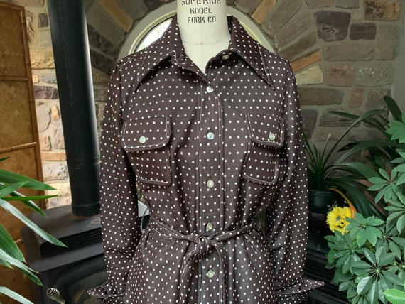 Vintage 1970s Brown and White Polka Dot Double Kn… - image 2