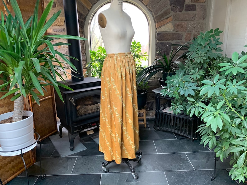 Vintage Golden Silk with Green Beige Floral Embroidery Full Length Maxi Skirt Embroidered Silk Hostess Skirt