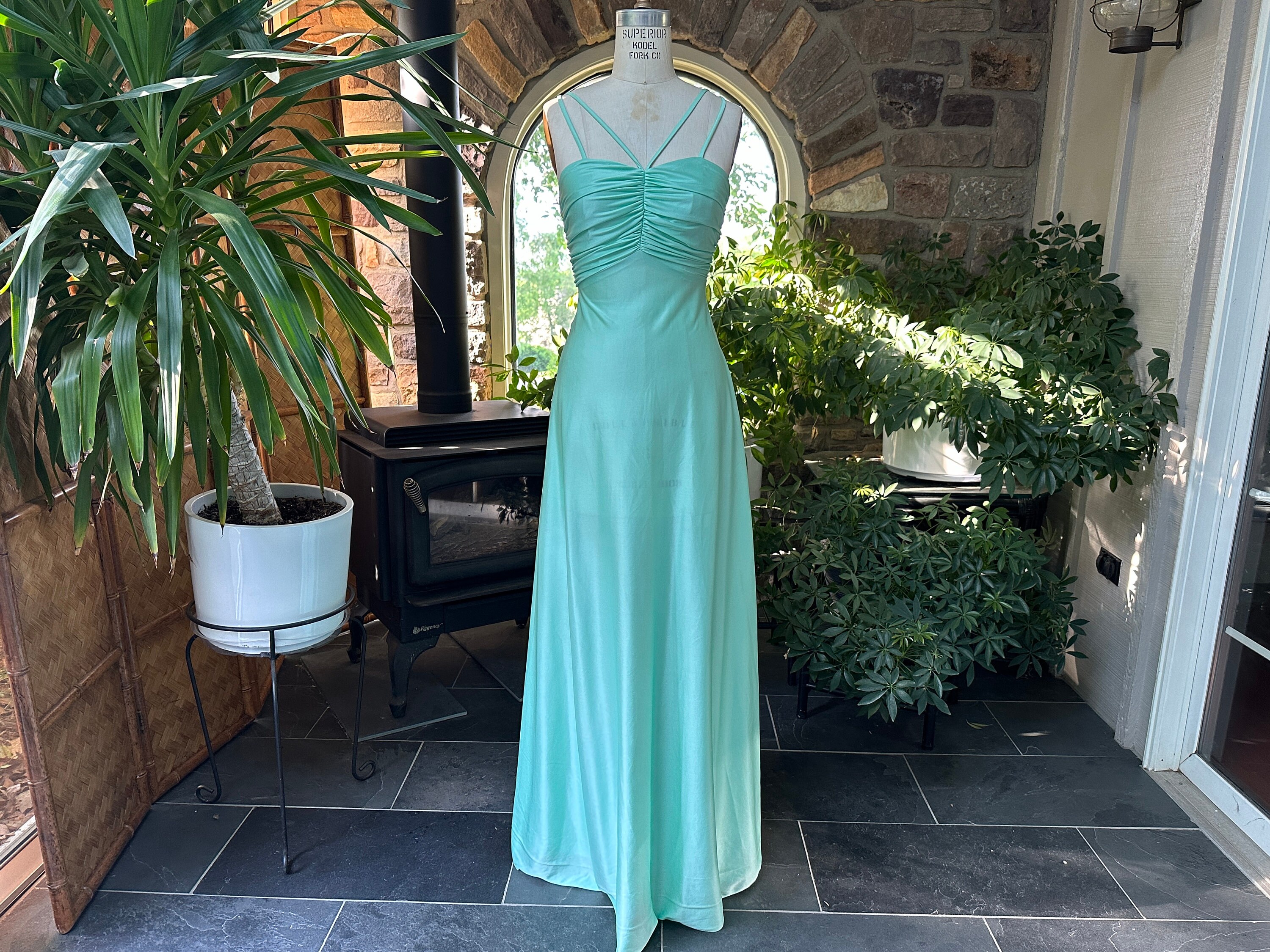 Vintage 1970s Light Green Knit Spaghetti Strap Maxi Bridesmaid Prom Dress, Vintage Seventies Knit Formal Dress