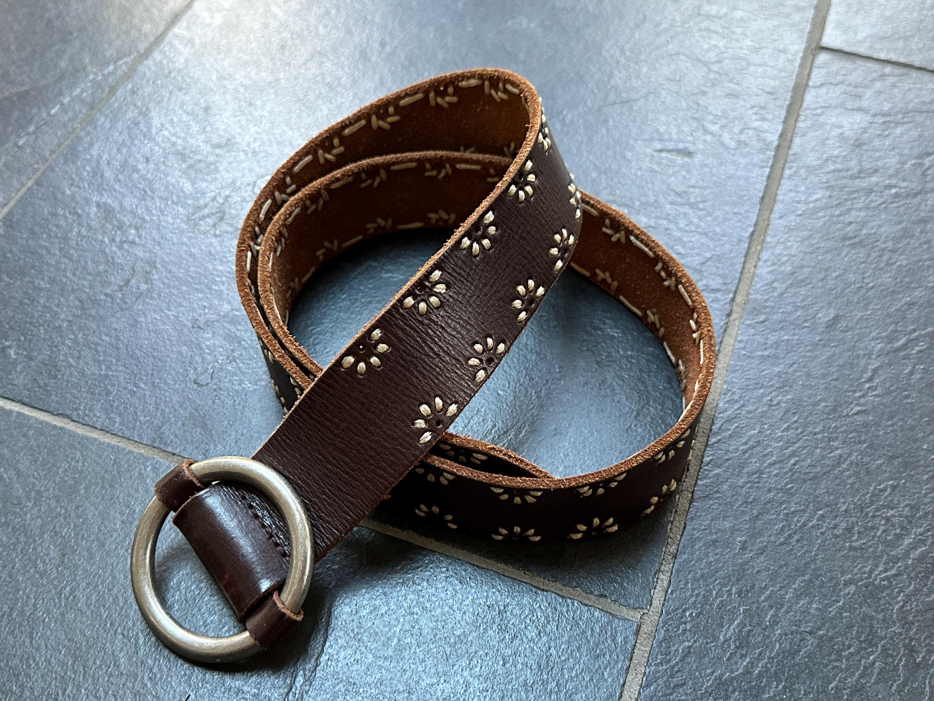 Vintage Brown Floral Embroidered Leather Belt With Silver  display picture 1