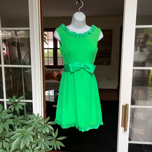 Vintage 1960s Bright Green Crepe and Satin Ruffles and Bow Dress, Vintage Clothing, Vintage Junior Size Dress, Vintage Sixties Dress