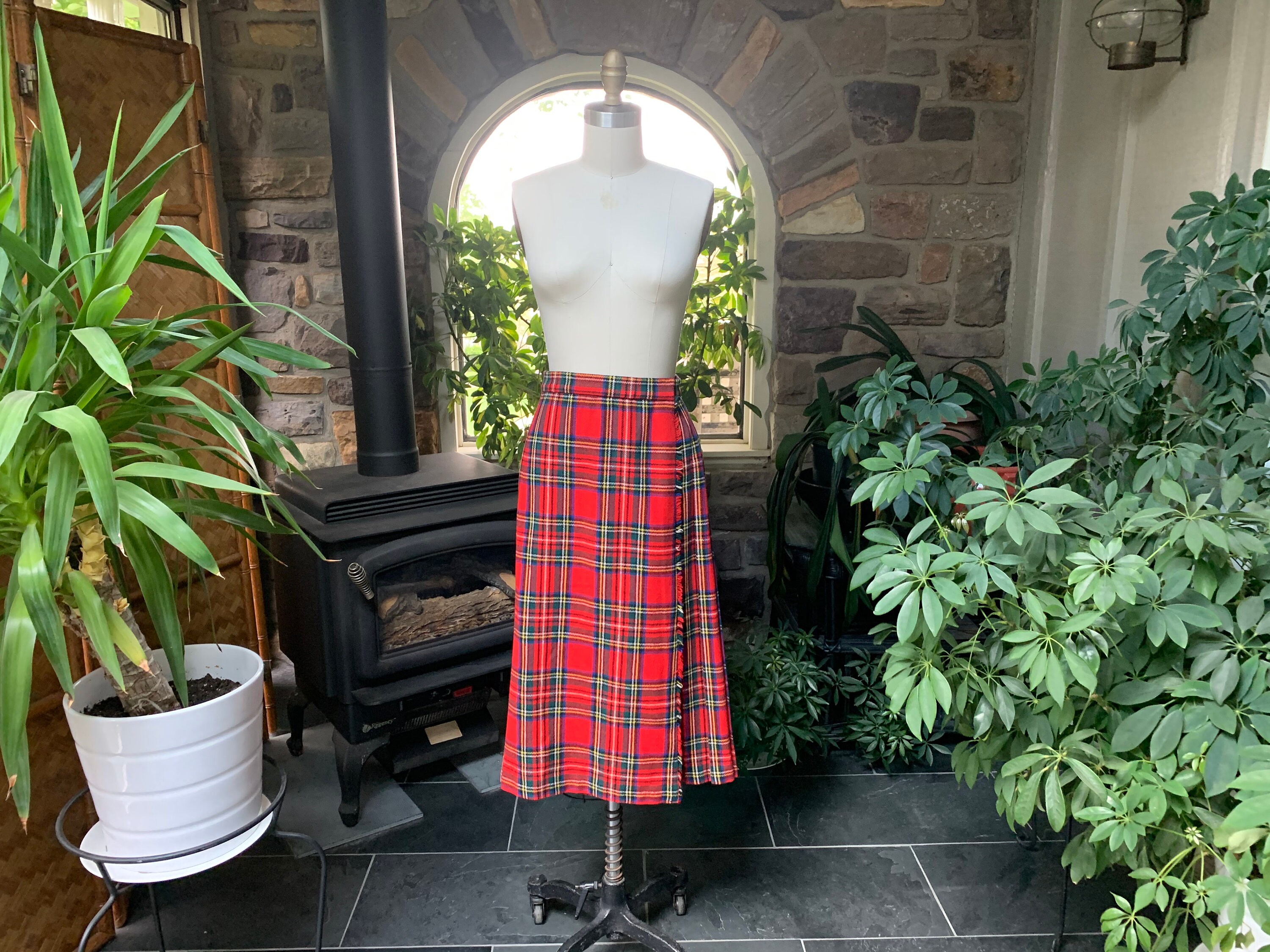 Vintage 1970s Red Tartan Plaid Wool Pleated Wrap Skirt