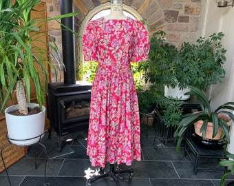 Vintage 1980s Pink Green and Purple Floral Cotton Laura Ashley Dress Cottagecore