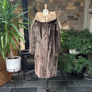 Vintage 1960s Faux Fur Brown Mink Coat with Tan Collar Fashioned in Tudor City, Vegan Friendly Faux Fur Knee Length Coat