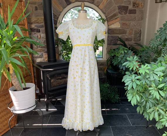 Vintage 1960s White with Yellow Flocked Floral Dress with Velvet Accents Sylvia Ann Vintage 1960s White with Yellow Flocked Floral Dress with Velvet Accents Sylvia Ann