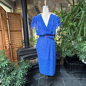 Vintage 1970s  Blue Floral Belted Dress Jody California, Vintage Seventies Academia Dress