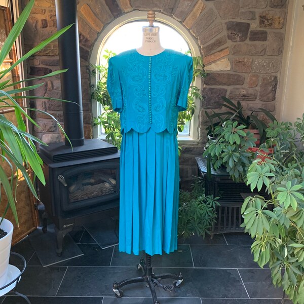 Vintage 1990s Turquoise Dress with Ribbon and Pearl Design Plaza South, Vintage Nineties Decorative Top Dress