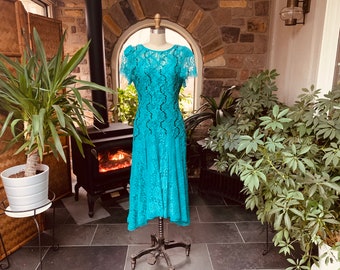 Vintage 1980s Teal Lace and Sequin Dress HW Collections, Formal Blue Lace Dress Drop Waist Asymmetrical Hem