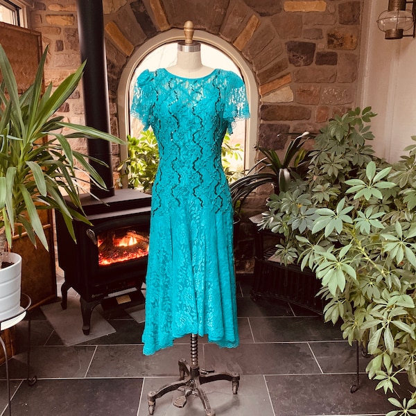 Vintage 1980s Teal Lace and Sequin Dress HW Collections, Formal Blue Lace Dress Drop Waist Asymmetrical Hem