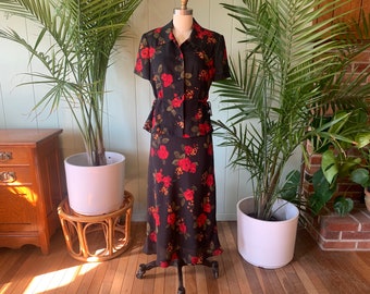 Vintage 1990s Black and Red Floral Print Midi Dress and Jacket R & K Originals Petites,  Vintage Nineties Shift Dress Short Sleeve Jacket