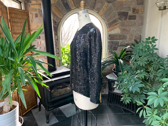 Vintage 1980s Black Silk Sequin and Bead Jacket S… - image 3