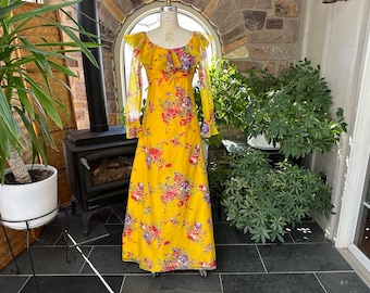 Vintage 1970s Yellow Chiffon with Bold Floral Clusters Riffles Empire Waist Maxi Dress, Formal Mother of the Bride Full Length Prom Dress