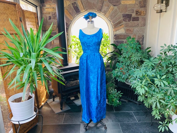 Vintage 1950s Royal Blue Satin Brocade Evening Dre