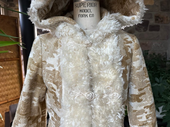 Vintage 1960s Tan and Ivory Tapestry and Faux Fur Penny Lane Coat