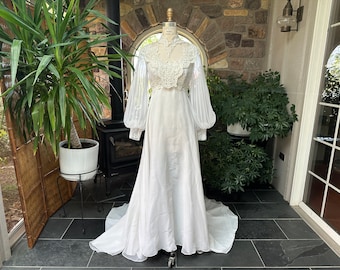 Vintage 1980s White Nylon Chiffon & Lace Wedding Dress Pearls Pleated Bishop Sleeves, Eighties Pin Up Train Wedding Gown