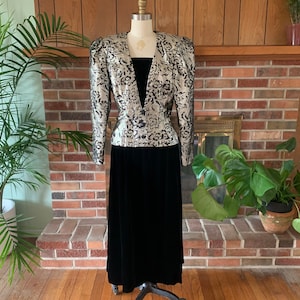 Vintage 1980s Black Velvet Skirt with Metallic Silver and Black Jacket Scott McClintock, Eighties Black Tie Party Dress