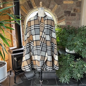 Vintage Tan Ivory Black and Gray Plaid Wool Cape Mid Thigh Length Scarf Sash Neckline, Vintage Seventies Plaid Coat