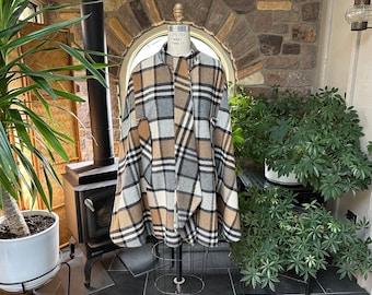 Vintage Tan Ivory Black and Gray Plaid Wool Cape Mid Thigh Length Scarf Sash Neckline