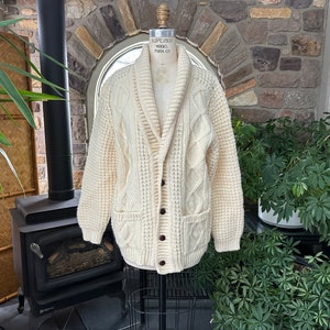 Vintage Gender Neutral Ivory Fisherman Wool Collared Cardigan Sweater Archie Brown & Son Made in Ireland, Vintage Button Irish Wool Sweater