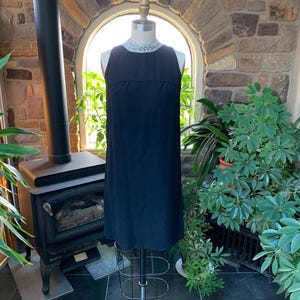 Vintage 1970s Black Crepe Sleeveless Evening Dress Metallic Collar Pearls Rhinestones, Vintage Black Tie Event Little Black Cocktail Dress
