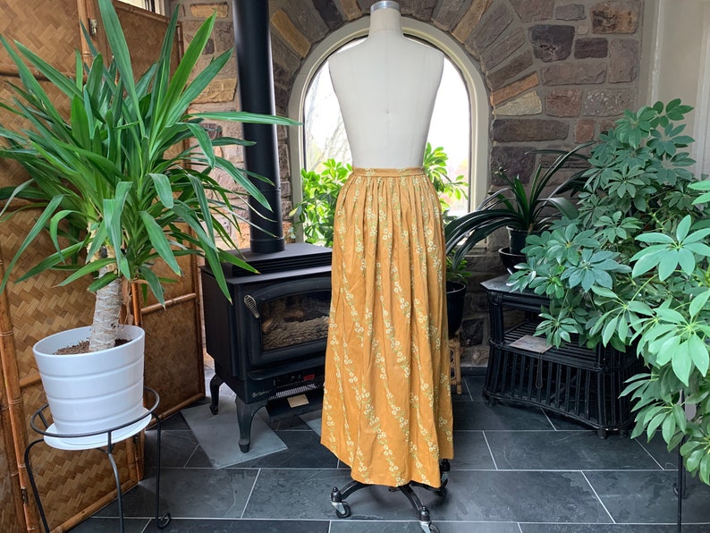 Vintage Golden Silk with Green Beige Floral Embroidery Full Length Maxi Skirt Embroidered Silk Hostess Skirt