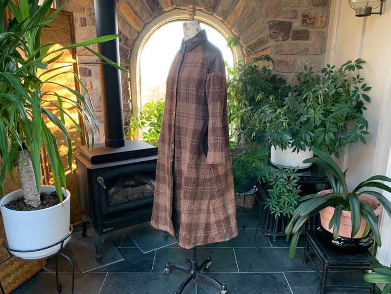 Vintage 1970s Donegal Wool Tweed Brown Plaid and Faux Leather Plaid Coat Made in Ireland image 3