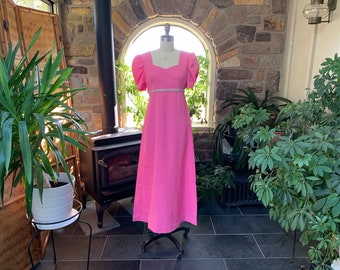 Vintage 1970s Bright Pink Formal Dress with Metallic Silver Trim, Vintage Pink  Evening Gown, Pink Bridesmaid Dress