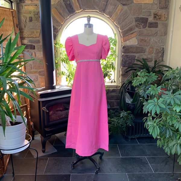 Vintage 1970s Bright Pink Formal Dress with Metallic Silver Trim, Vintage Pink  Evening Gown, Pink Bridesmaid Dress
